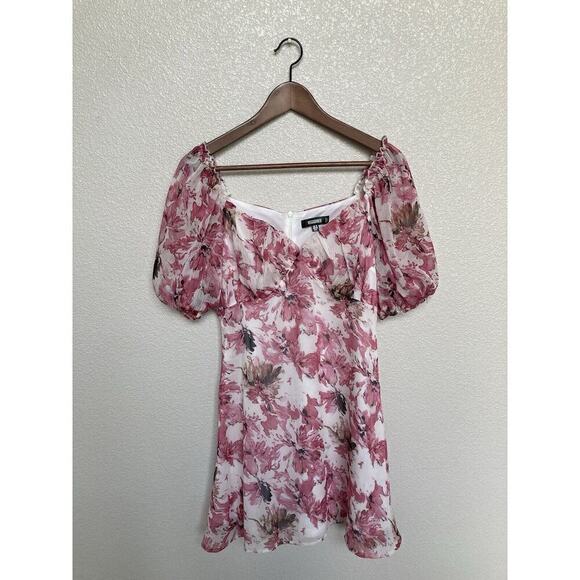 NWOT Missguided Pink Floral Sheer Mini Dress sz 6 Puff Sleeve romantic feminine - Picture 1 of 6